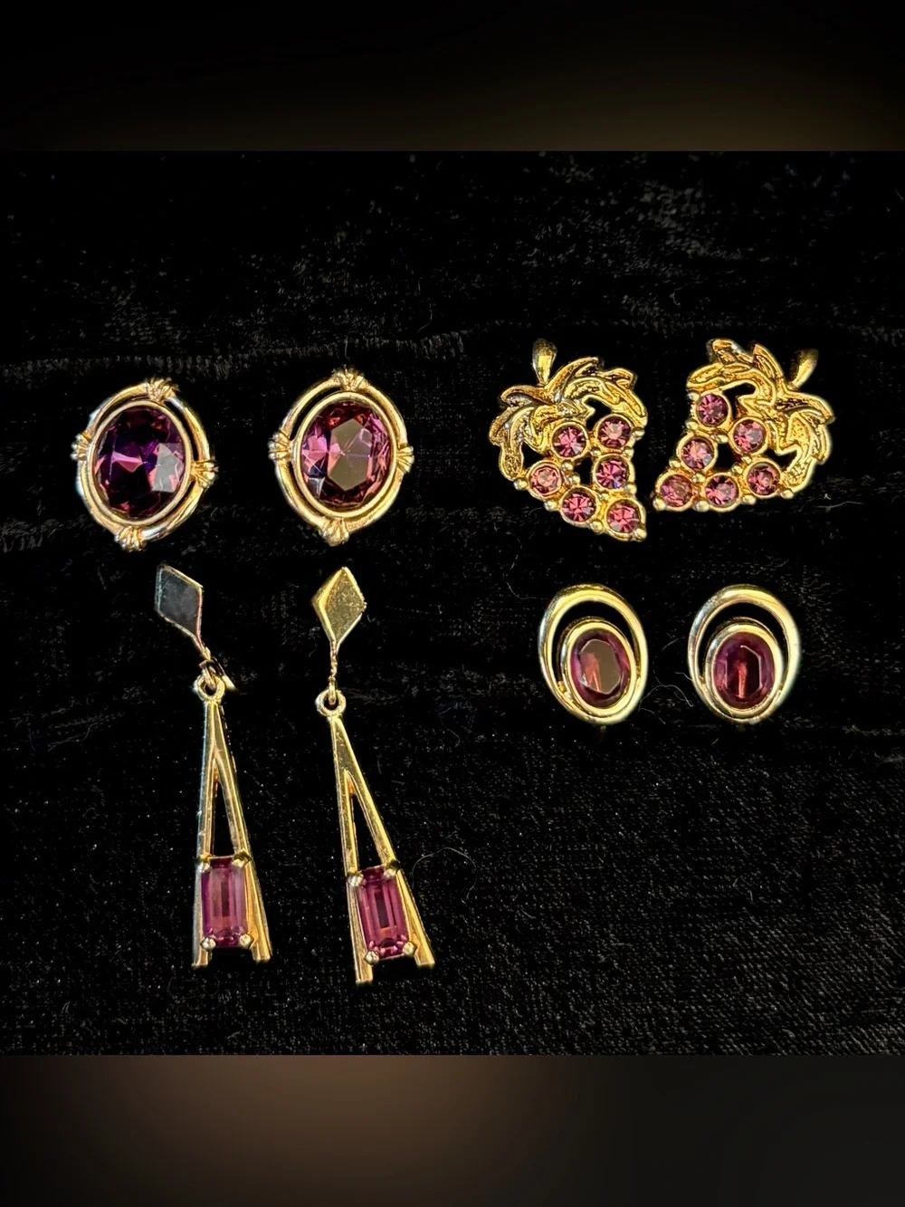 VINTAGE Lot purple Earrings Faux Amethyst Stamp TRIFARI and AVON clip on pierced